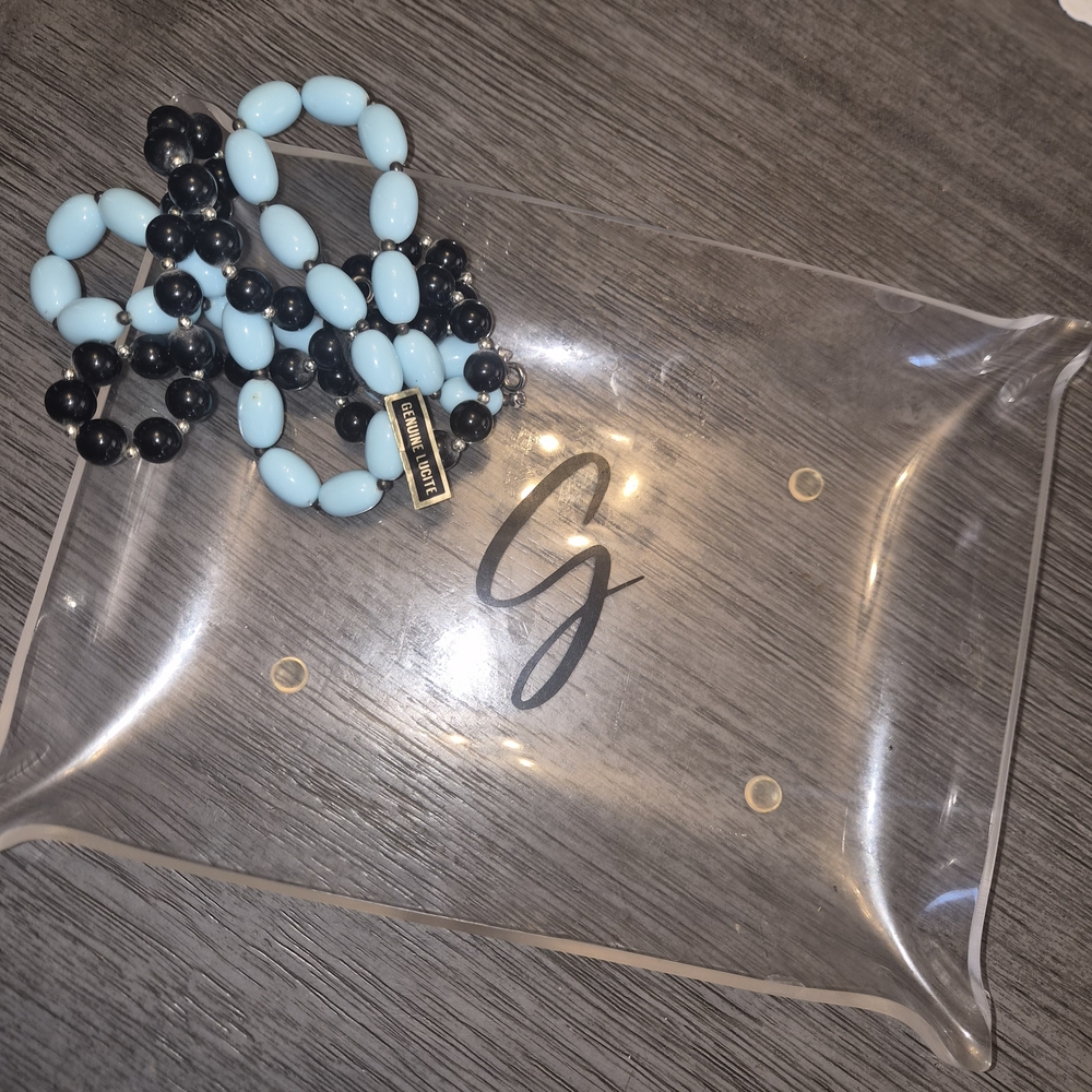 Clear Monogrammed Tray with Beaded Necklace